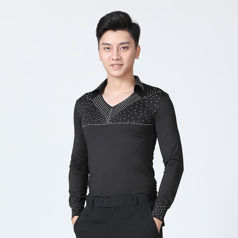 

XISAA Унисекс Рубашка для латиноамериканских танцев с V-образным вырезом и стразами L