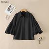 ZANZEA Women Casual Turn Down Collar Loose Puff 3/4 Sleeve Plain Blouse