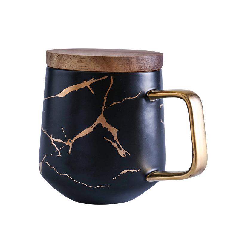 Japanese Ceramic Tea Cup: Matte Gold Marble & Black Pattern with Wooden Saucer