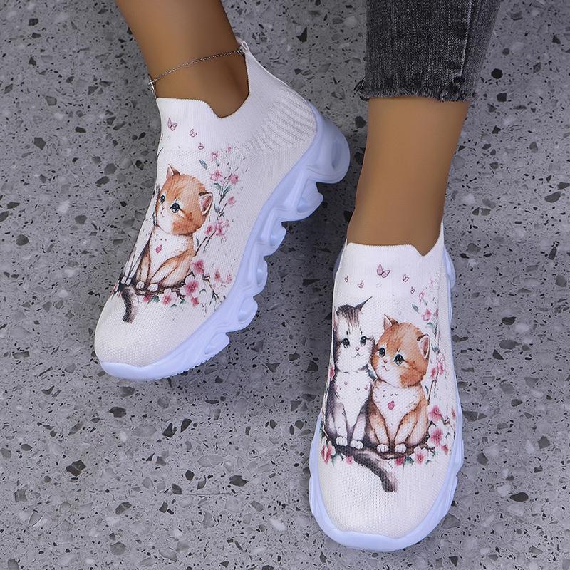 Lucyever Cute Cat Printing Flats Shoes Women Autumn Slip On Breathable Mesh Sneakers Woman Plus Size Platform Loafers Ladies 43