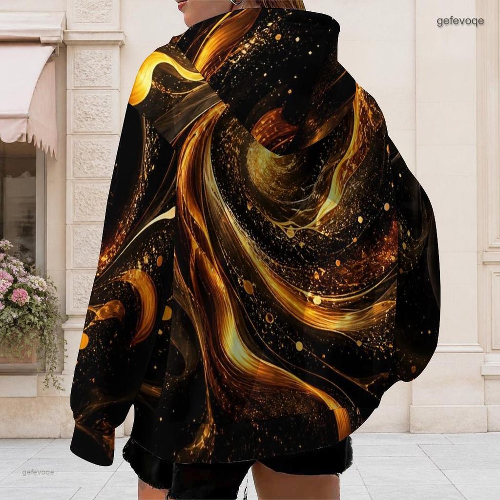 Women Plus Size Long Sleeve Zip Up Hoodie Red Black Abstract Printed With Drawstring Hood And Pockets