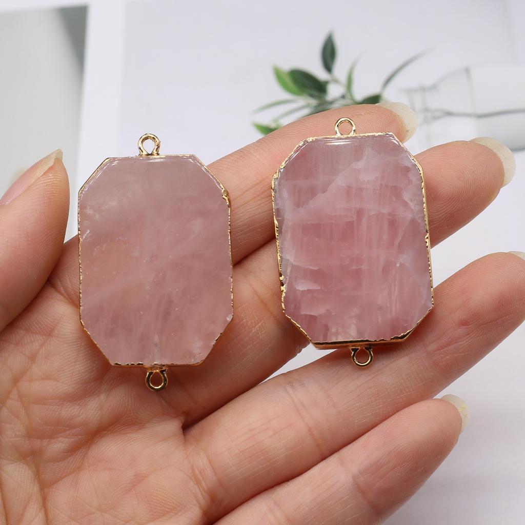 Rose Quartz Pendant Connector (25×43mm) - Premium Natural Crystal Charm for DIY Necklace Handmade Jewelry Craft Accessories, Valentine's Day Bulk Gift