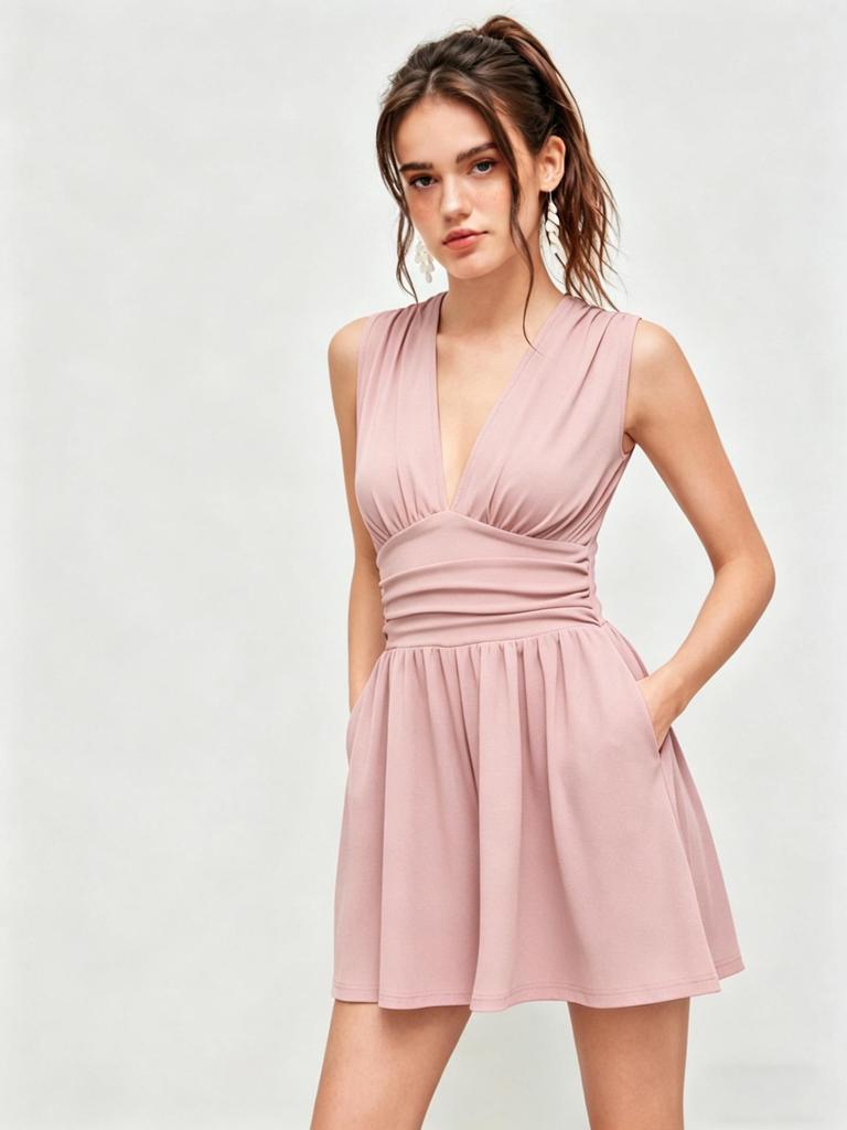 European & American Style Deep V-Neck Sleeveless Jumpsuit, Women's Summer Waist-Cinching Wide-Leg Shorts