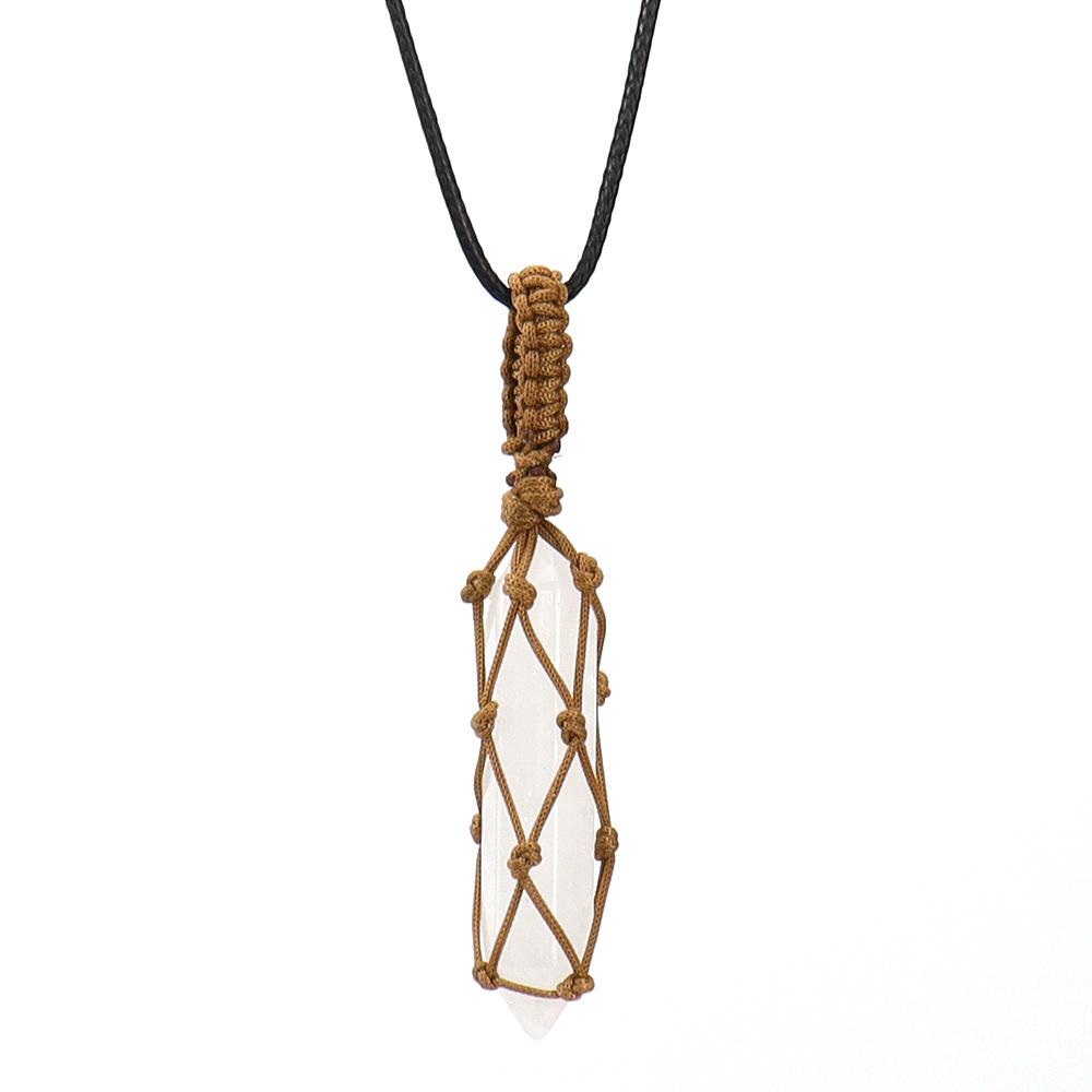 Hand-Woven Double-Pointed Hexagonal Prism Crystal Rough Stone Natural Stone Brown Mesh Pocket Necklace N712