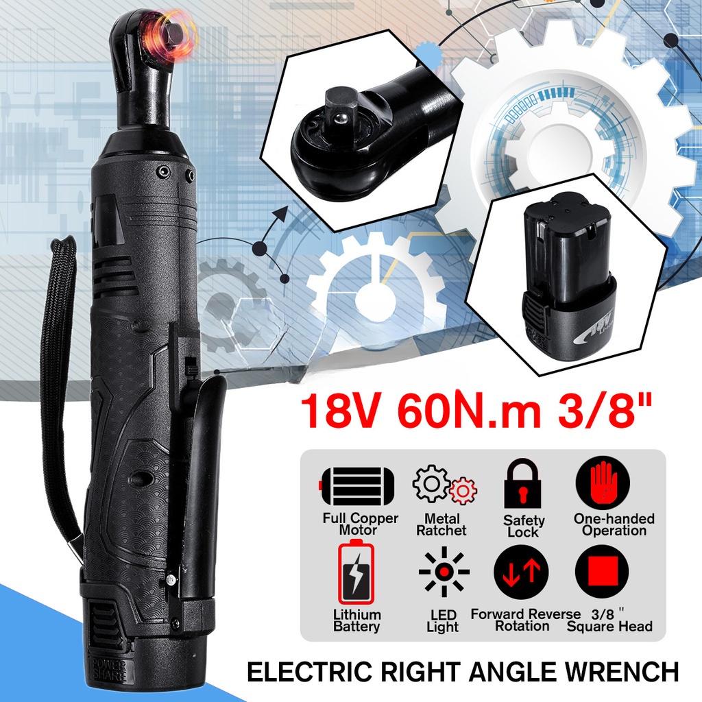 18V Electric Wrench 3/8 Cordless Ratchet with Battery LED Light Kit Right Angle Rechargeable Scaffolding 60N.m Torque