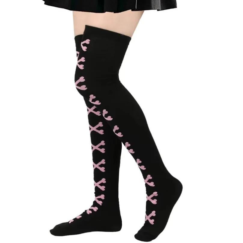 Oberschenkelhohe Socke Damenstrümpfe Knochen Damen Halloween Schwarz Weiß Rosa Gestreift Lang Über dem Knie Socke Lustig Cosplay Harajuku