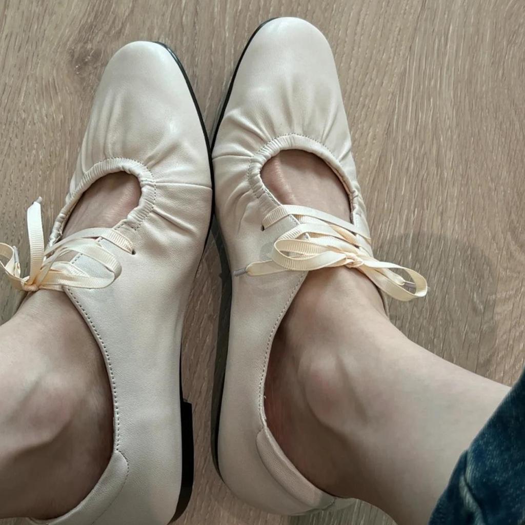 Sheepskin Version! French Square Head Single Shoes Women's Lace-up Bow Shallow Mouth Ballet Shoes Wrinkled Beautiful Mary Jane Shoes