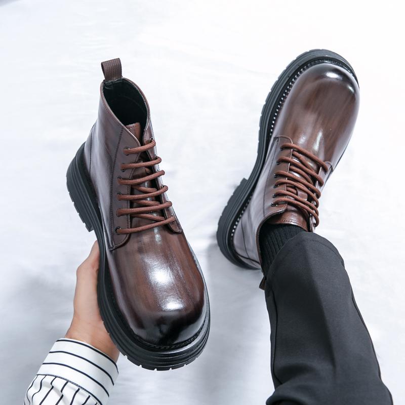 Men Boots Black Brown Thick Soled Durable Leather Shoes European Style Lace Up Business Retro Fashion Chelsea Boots Size 38-45