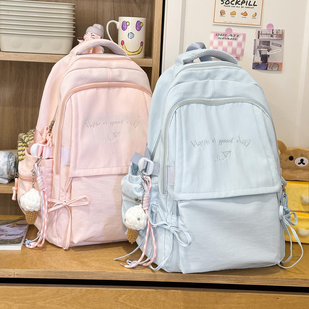 Schoolbag Macaron Fresh Mint Green Letter Embroidered Backpack Middle School Girls Class Travel Lightweight Versatile Backpack