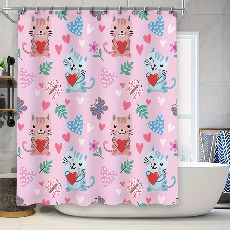 

Adorable Cats Pattern Shower Curtain: Pink And Blue Colorful Heart Designs For Bathroom Decor 180 X 234Cm Size Available On W60H190(CM)-1 Pcs