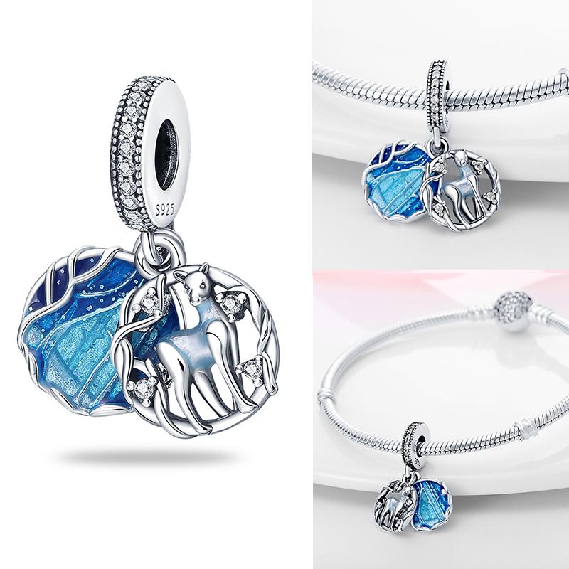 Inlaid Zircon Charm Beads Copper Blue Forest Elf Deer Dangle Fit Original Bangle Bracelet Charms Pendant Jewelry
