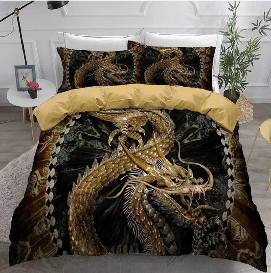 Red Base Black Dragon Print Duvet Cover Set Chinese Dragon Pattern Bedding Sets Full Size Microfiber 2/3 Pieces Comforter Sets