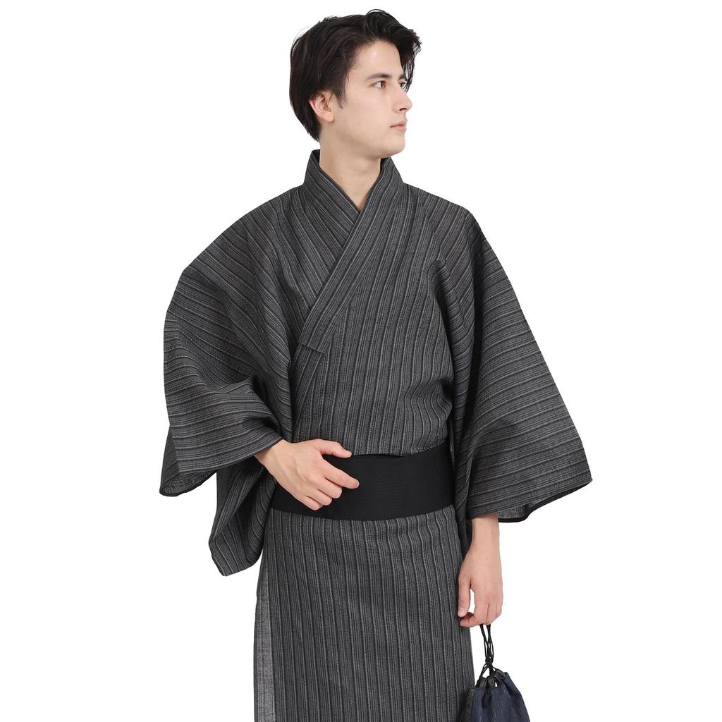 Fuuka Yukata Set with Obi and Waist Easy Velcro Cotton and Size with Katataki Stripes Square Waist WN13S Men's 3-Piece Cord, Closure, Linen, Small,