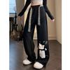 Women Cute Cartoon Cat Print Wide Leg Sweatpants Elastic High Waist Stripe Drawstring Loose Casual Trousers