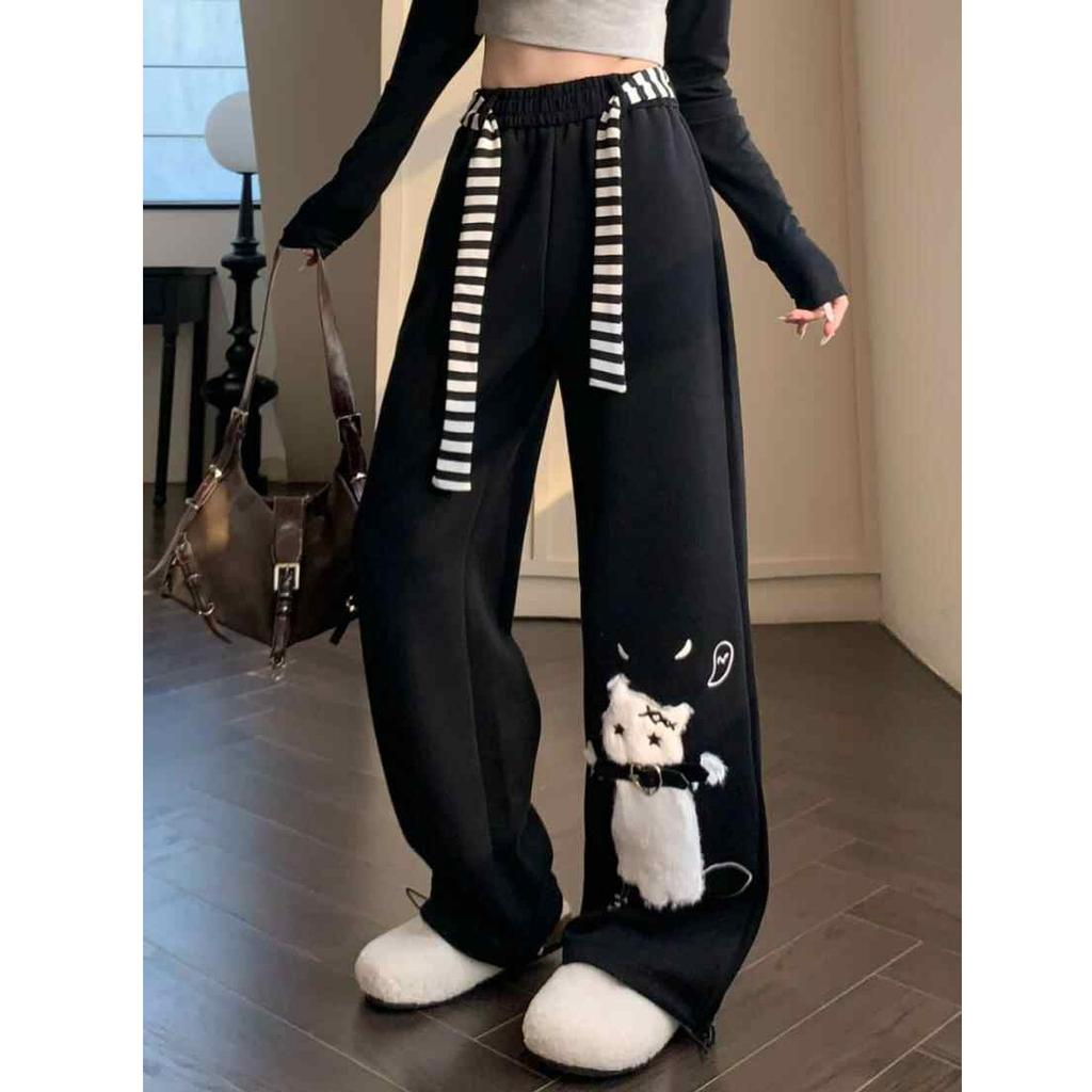 Women Cute Cartoon Cat Print Wide Leg Sweatpants Elastic High Waist Stripe Drawstring Loose Casual Trousers