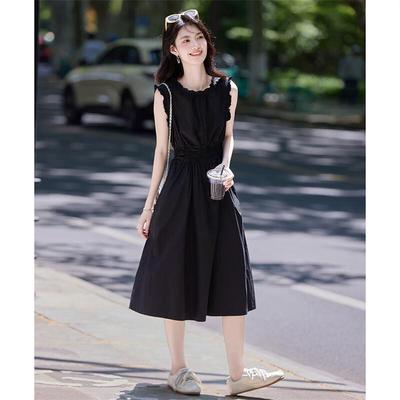 Elegant Black Pleated A-Line Sleeveless Midi Dress