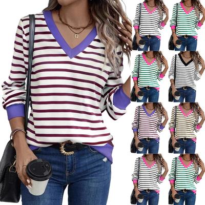Camisetas Femininas Listradas de Manga Comprida Decote V Tops de Tricô Casuais Ajustadas Roupas de Outono