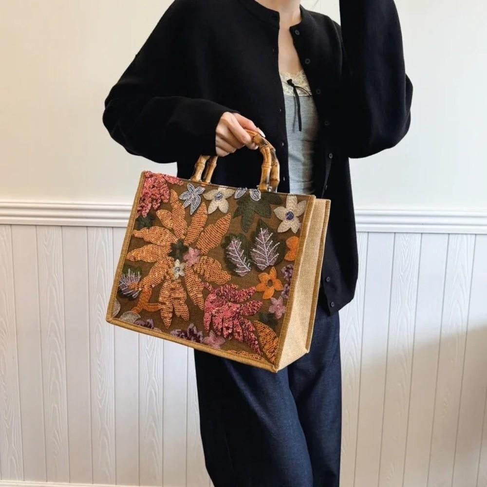 Colorful Sequins Bamboo Knot Handbag Large Capacity Chinese Style Lace Weaving Tote Bags Bamboo Knot Retro
