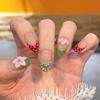 Handmade Press On Nail French Red Green Color 3D Carved Pink Flowers Polka Point Short Almond Fake Nail Patch Artificial Nail Reusable