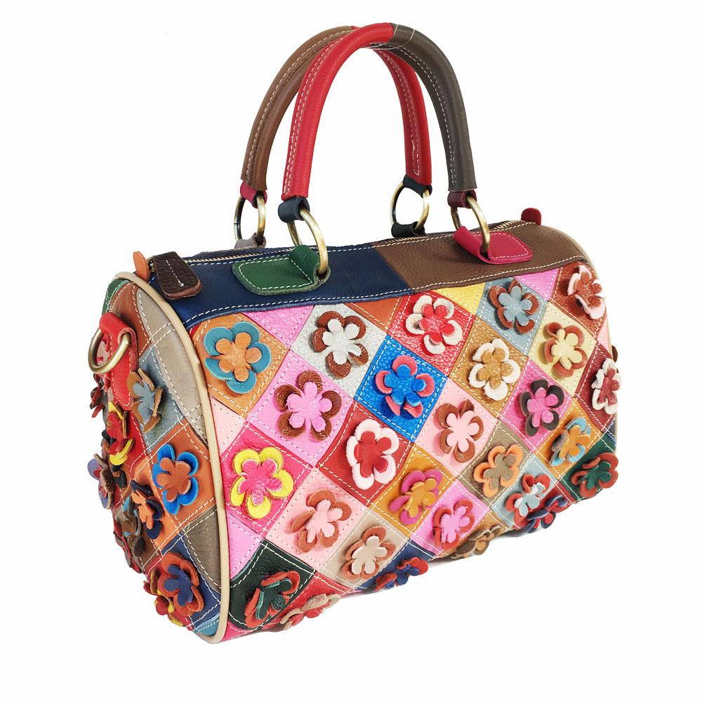 Damentasche Rindsleder Tragbare Umhängetasche Rhombus Splicing Flower Ledertasche