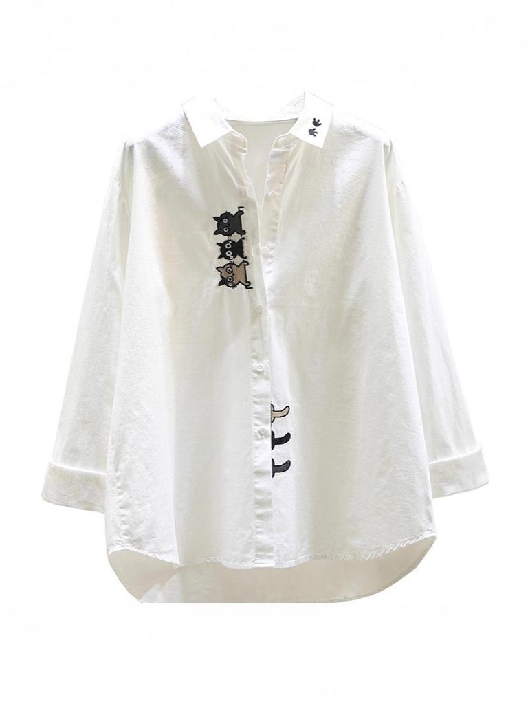 Damska koszula z długim rękawem z czystej bawełny z haftem kota - Jesienny swobodny wszechstronny top