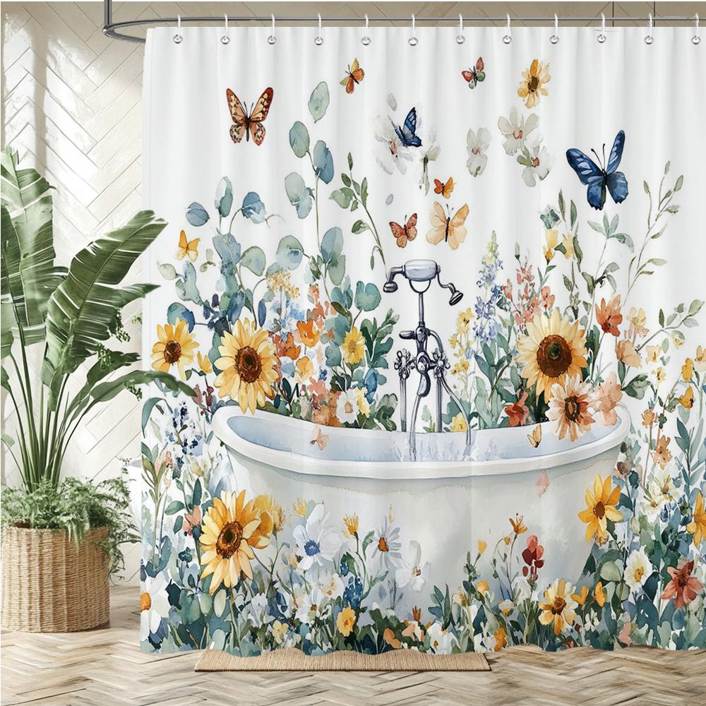 Watercolor red roses flowers and butterflies Shower Curtain Bath Curtain Printing Bathroom Curtains for Home decoration curtain
