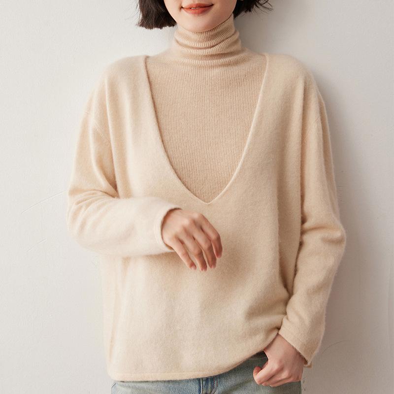 Women's Oversized V-Neck Cashmere Sweater - Retro Autumn/Winter Knitwear