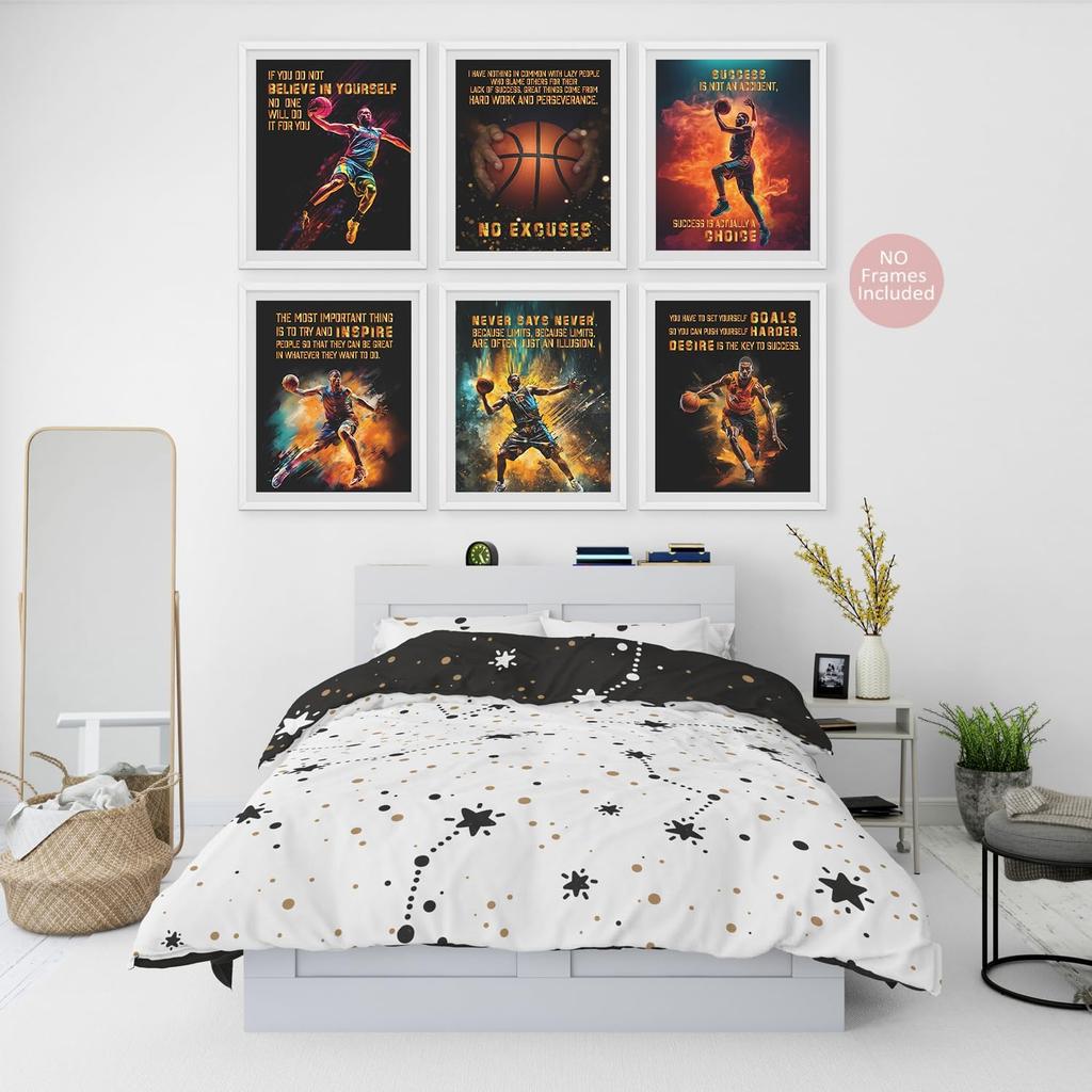 Motivational Quote Poster, pirational Sports Decor For Boys & Men's Room, Gift For Basketball Fans - Set Of 6, 8x10 In