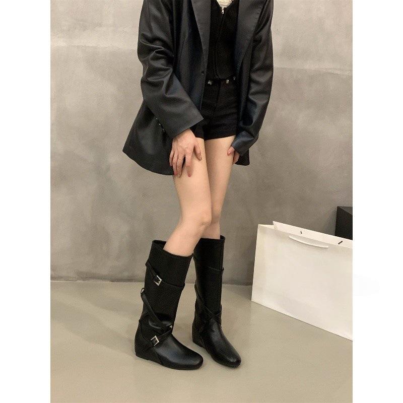 Inner Height Increasing Coffee Suede Stacking Boots Boots Women's Boots Autumn and Winter Vintage Maillard Long Knight Boots