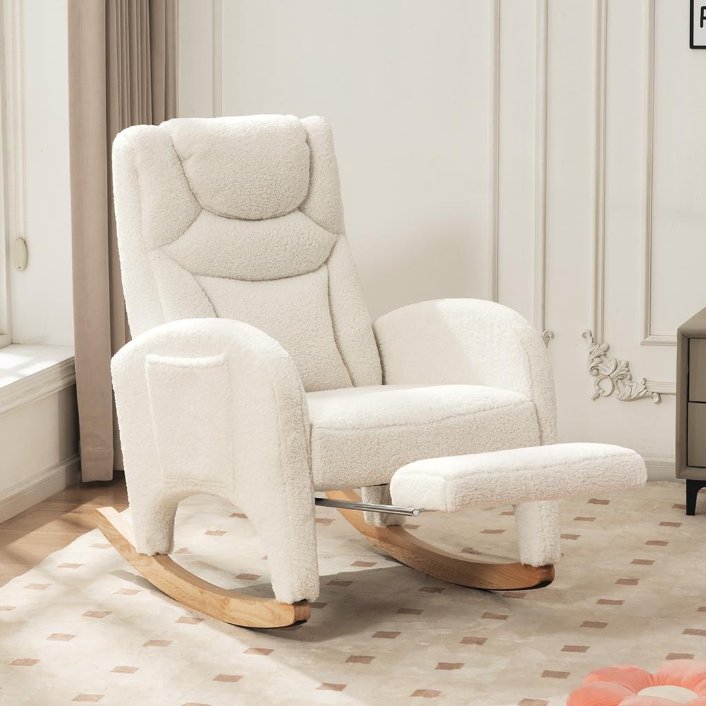 052 Rocking Chair, Recliner, Living Room Chair with Armrest, Upholstered, Accent Chair for Bedroom, White Teddy Fabric, 110 Kg Load Capacity