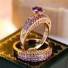 Crystal Female Purple Black Blue Zircon Round Stone Ring Set Vintage Gold Color Bridal Wedding  For Women