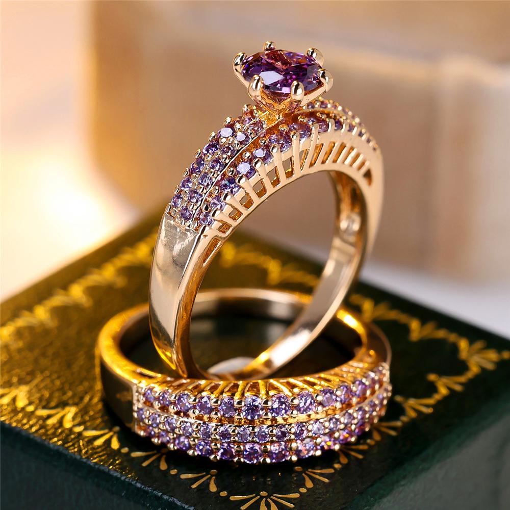 Crystal Female Purple Black Blue Zircon Round Stone Ring Set Vintage Gold Color Bridal Wedding Jewelry For Women