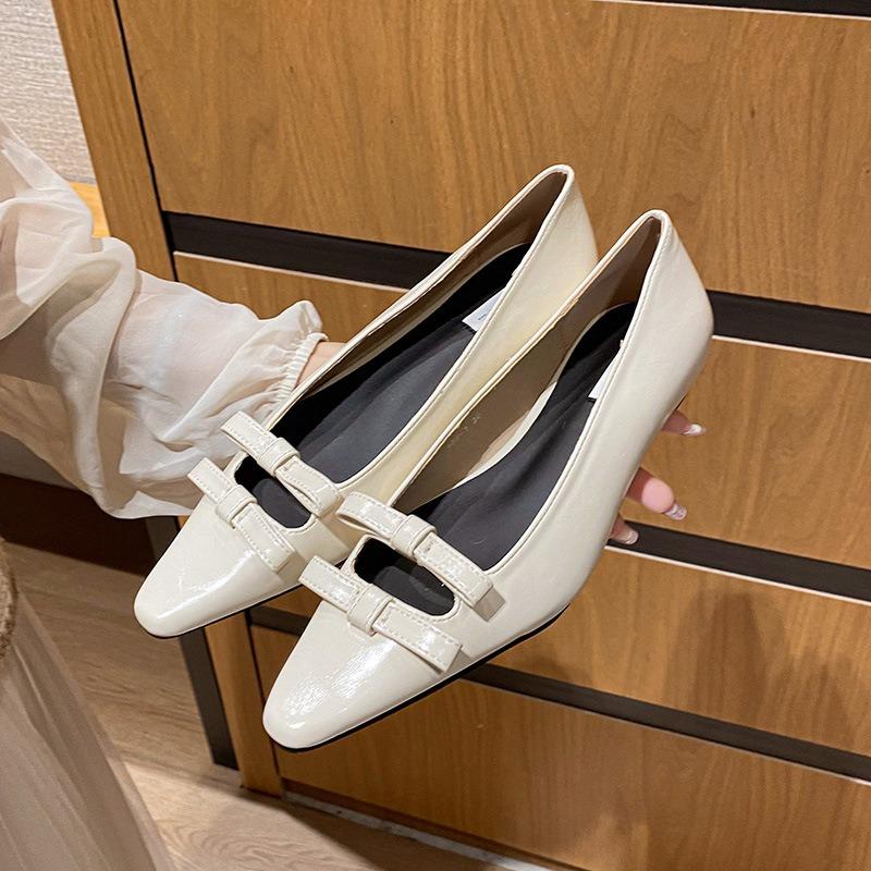 Designer Women Heels Ladies Small Heels Leather Shoes Elegant Pointed-toe Bowknot Pumps Casual Slip-on Scoop Shoes Tacones Mujer