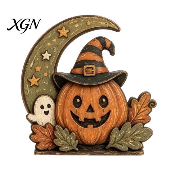Retro Rustic Tiered Tray Decor Halloween Pumpkin Witch Cat Ghost Figurines with Crescent Base, Spooky Collectible Gift for Enthusiasts Wooden Tabletop