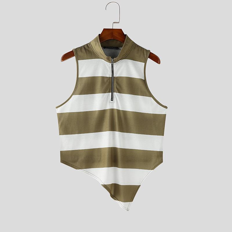 

INCERUN Men Zip-up High Neck Sleeveless Striped Irregular Casual Crop Tank Tops S