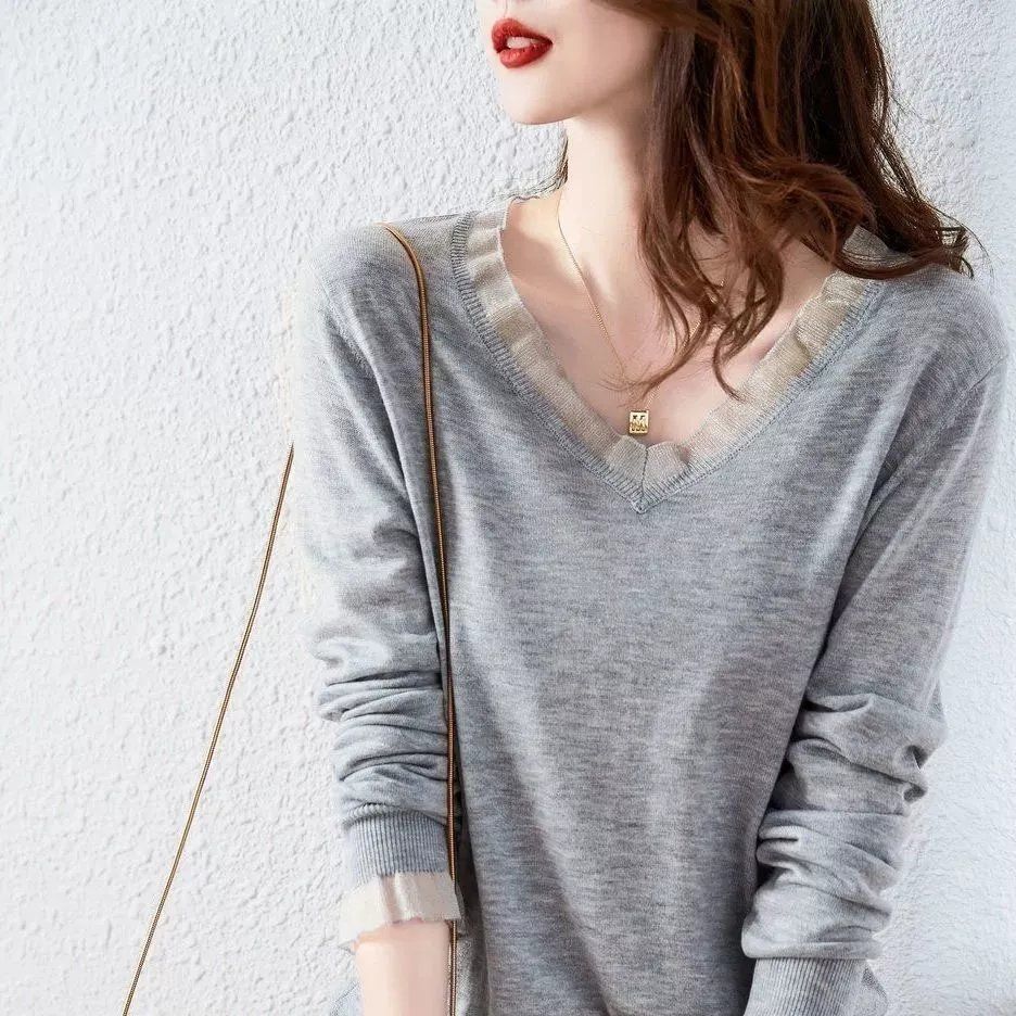 Loose V-neck Knitted Sweater Autumn Winter Solid Color Splicing Pullover Top