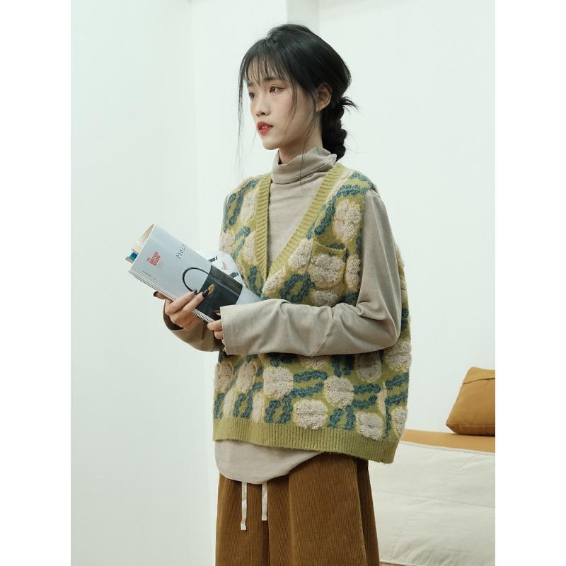 

DIMANAF 2025 Autumn Women Sleeveless V-Neck Vest Sweaters Style Printing Knitting Casual Loose Short Sweater one size fits all зелёный