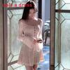 French Lace Hollow Long Sleeve Dress For Ladies Autumn Winter Chic Aline Short Skirt