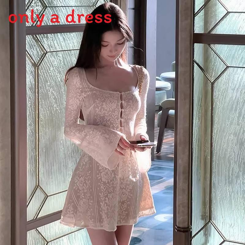 French Lace Hollow Long Sleeve Dress For Ladies Autumn Winter Chic Aline Short Skirt