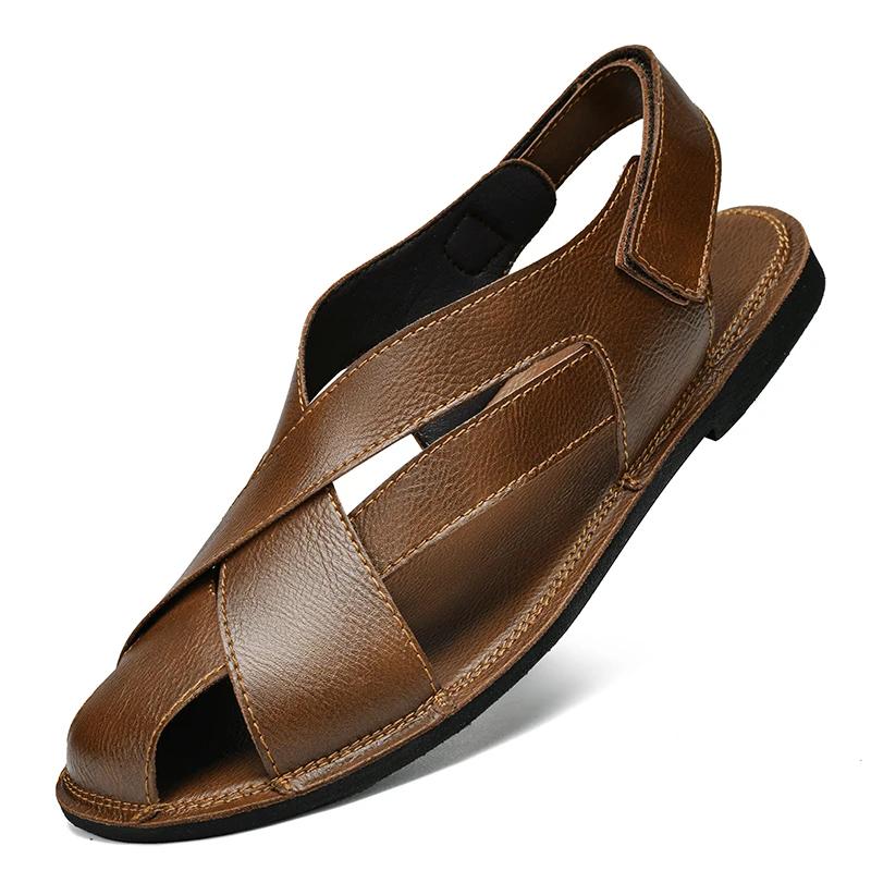 New Roman Shoes Genuine Leather Men's Sandals Summer Outdoor Non-slip Beach Shoes for Men Lightweight Slippers Walking Shoes Man