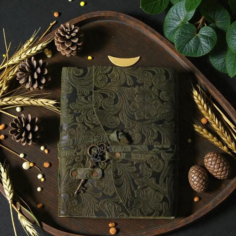 Green Embossed Leather Journal 5×7” | Handmade Deckle Edge Paper Diary 200 Pages | Vintage Key Lock Notebook | Floral Leather Writing Sketchbook