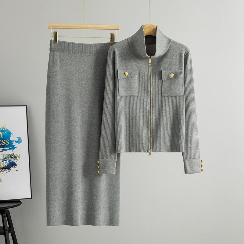 Women's Polo Collar Zipper Cardigan & Knit Skirt Two-Piece Set - Spring/Autumn Fashion.