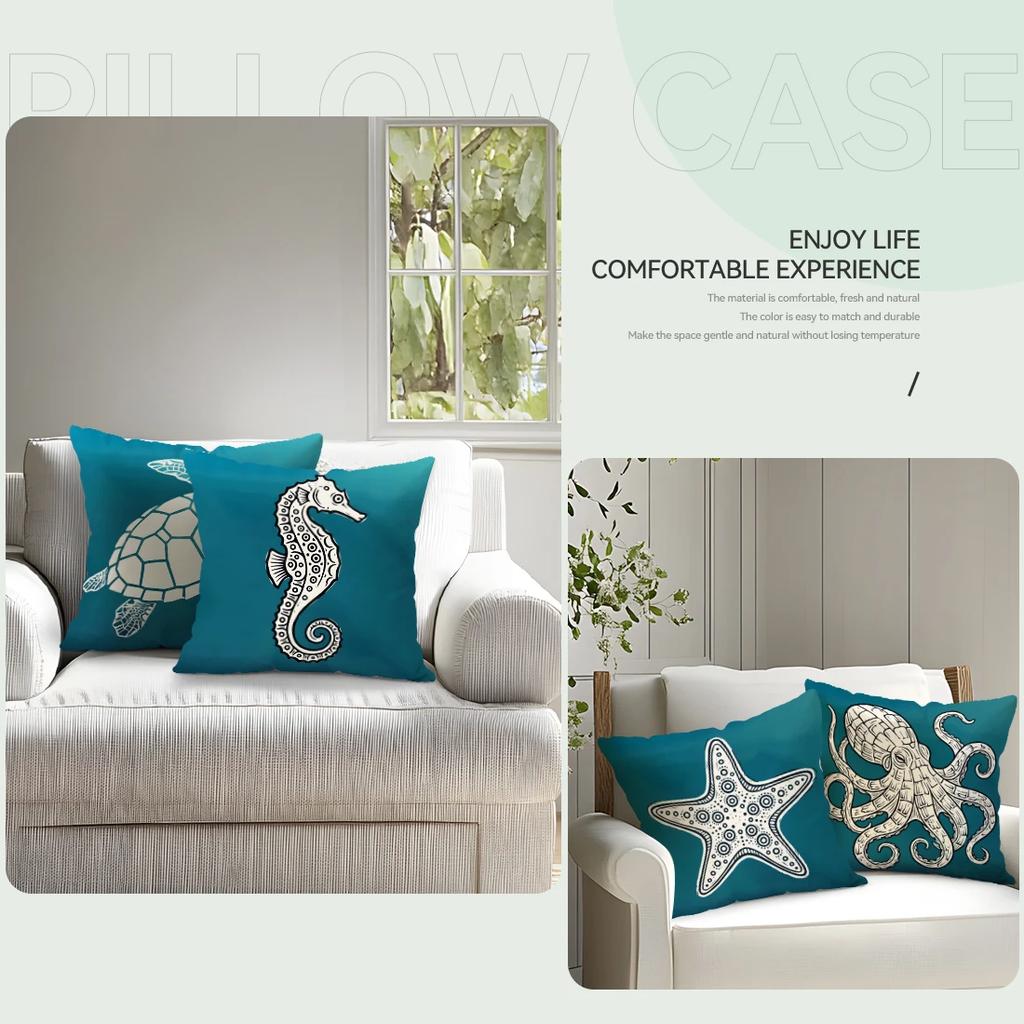4Pcs/Setmodern Sea Life Design Cushions Pillowcase Polyester Cushion Cover Throw Pillow Pillowcover Home Car Sofa Decor