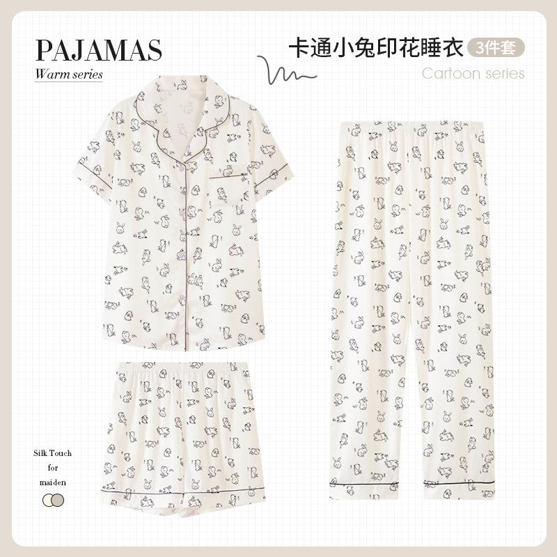 Sweet Girl Ice Silk Pajamas Women'S Summer Cute Milk Rabbit Short-Sleeved Shorts Niche Loungewear Set