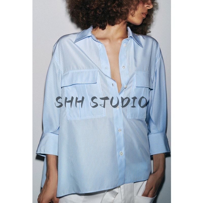 Summer New Product Women's Clothes Lyocell Blended Straight-leg Hem Stripes Lapel Long Sleeve Shirt 3304620