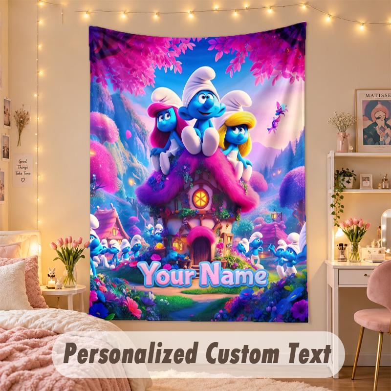 Custom Personalized Tapestry,Smurfs Print Custom Name Text Wall Art Hanging for Bedroom