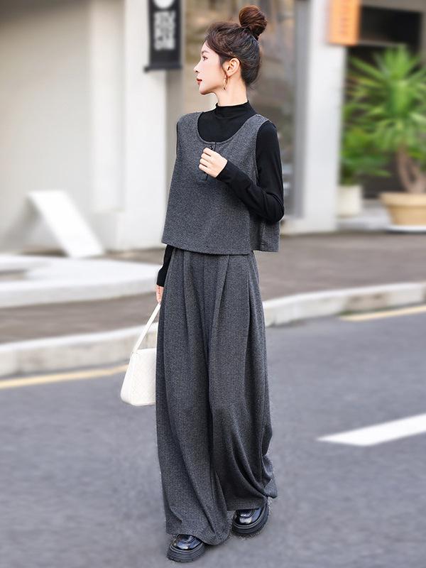 2026 Spring Women's Trendy Three-Piece Set: Stylish Top, Vest & Wide-Leg Pants
