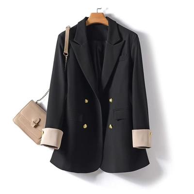 Casual Women Blazer Plus Size Double Breasted Loose Fit Spring Autumn Contrast Color Shoulder Jacket