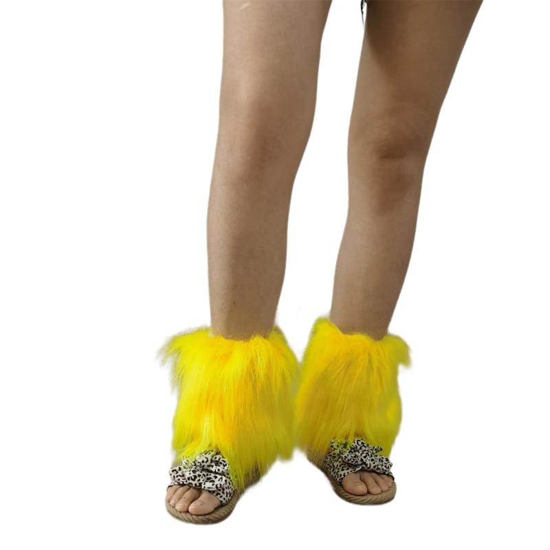 Fuzzy Boot Cuffs Leg Warmer for Women Girl Aesthetic Vintage Solid Color Bright Yellow Plush Leg Cover Knee Length Socks