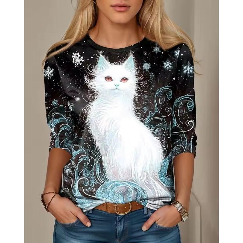 Women's T-shirt 3D Bell Kitten Print Fashion Long Sleeve Round Neck Regular Top Holiday Weekend Spring and Autumn